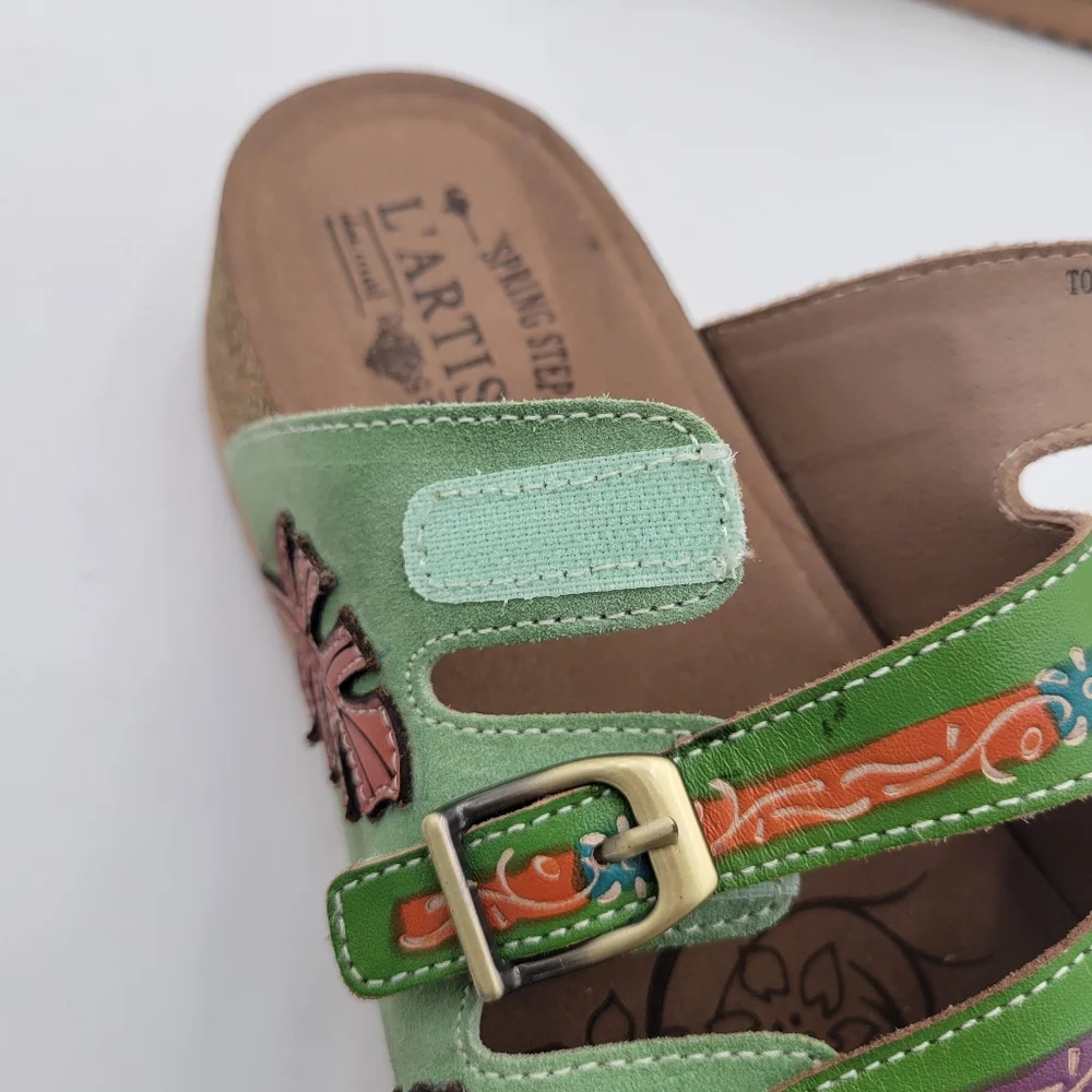 L'artise Spring Step Too Cool Green Sandals Size 39/8.5 Hook and Loop Leather - Picture 9 of 9